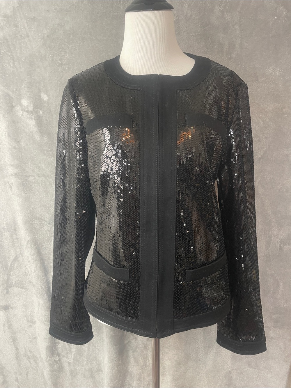 White House Black Market Collarless Black Sequin Blazer Size Small